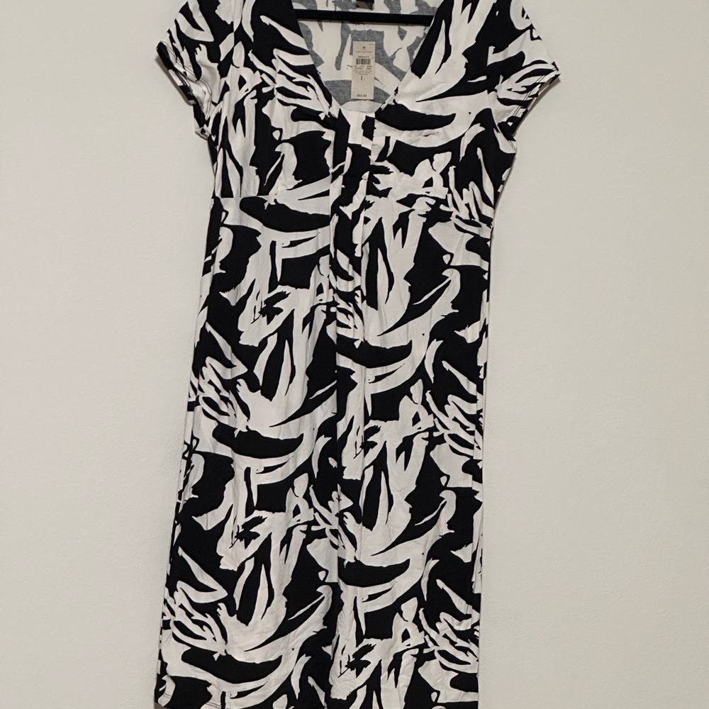 Ann Taylor Black and White Abstract Midi Dress $64 Sz L 93% Cotton 7% Spandex